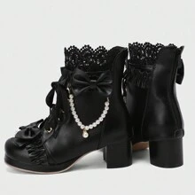 Cute Lolita Style Ankle Boots For Women Chunky Mid Heel Ankle Boots With Bow Back Zip Platform Lace Up Booties With Pearl Short Boots For Wedding Bridal Bridesmaid Dress Party