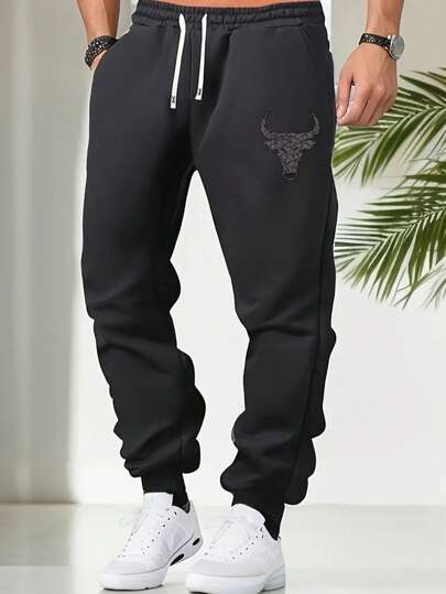 New Men's Ribbed Sweatpants With Cow Print, Elastic Waist, Drawstring, Casual Sports Jogger Pants For Spring And Fall