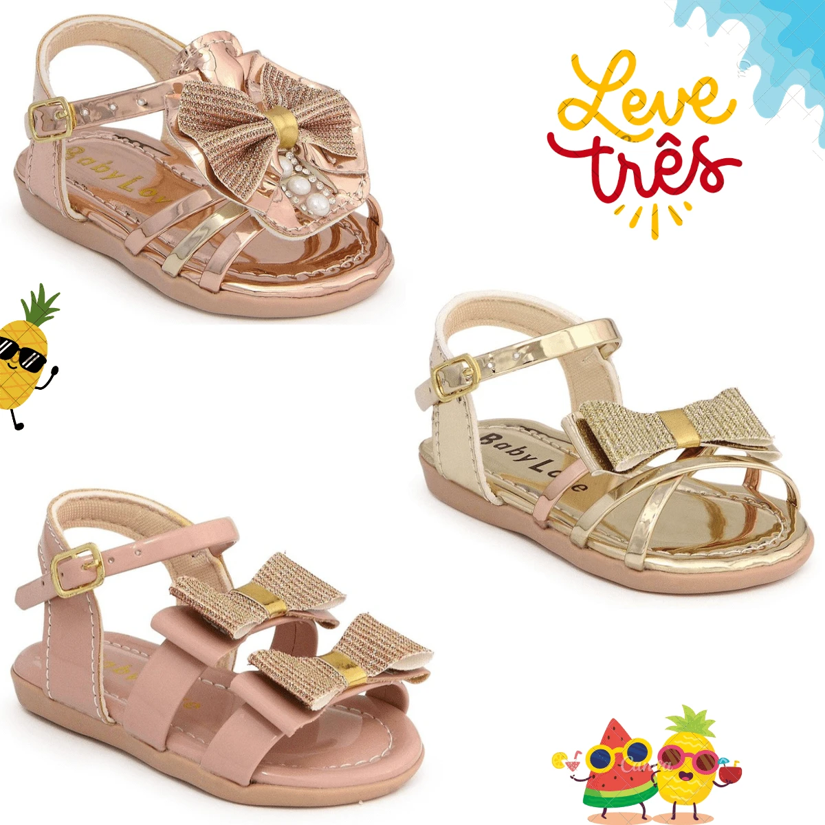 Kit 3 Children's Sandals, Flat, Baby, Feminine, Bow, Shiny, New Release - Nhiều màu - Xem 1