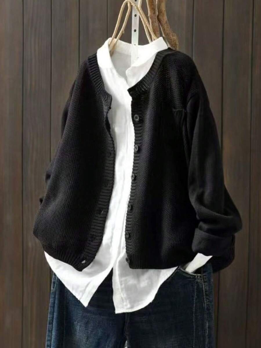 Women's Loose Fit Single Pocket Fashionable Sweater - Autumn/Winter Button-Up Cardigan - Black - View 1