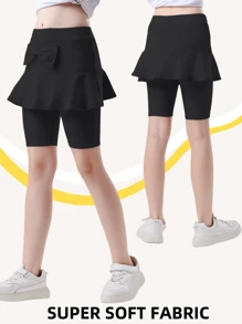 Pantalón deportivo tipo leggings con volantes de unicolor y decoración de moño para niñas preadolescentes, de gran elasticidad y cómodo para verano, perfecto para actividades casuales y deportes al aire libre - Negro - Ver 7