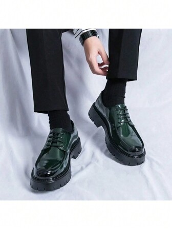 Men's Stylish Simple Greenish Black Elevator Dress Shoes With Thick Soles