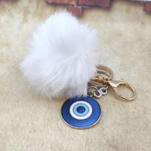 Olho Grego em Metal Branco com Pompom 2 Chaveiros Brancos para Família de uso Casual e Diário