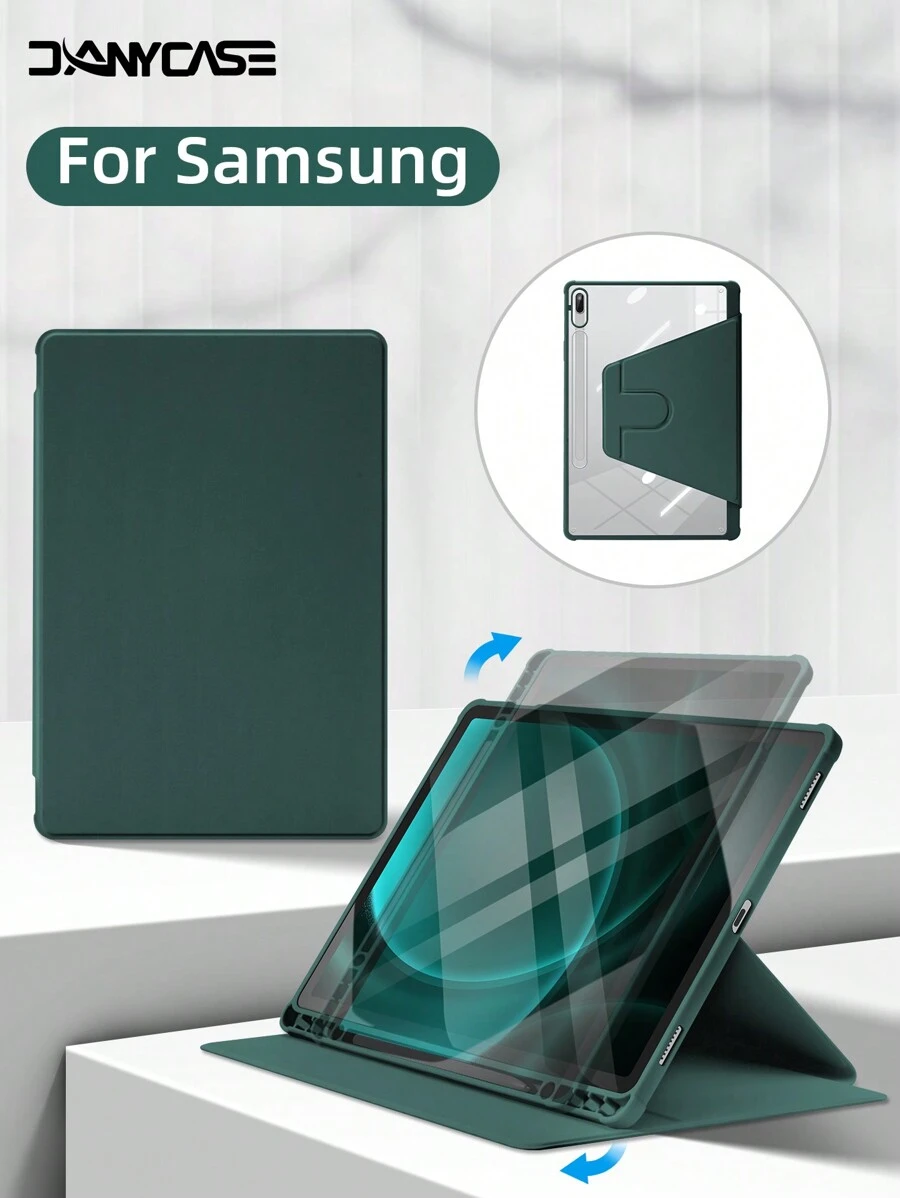绿色苹果图案 DANYCASE 超薄旋转保护套，兼容三星 Galaxy Tab S9 FE+ S9+ 12.4 英寸 S9 S9FE A8 S7+ S8+ S7FE S7 S8 S6lite，带笔槽设计，防震保护套，透明后盖