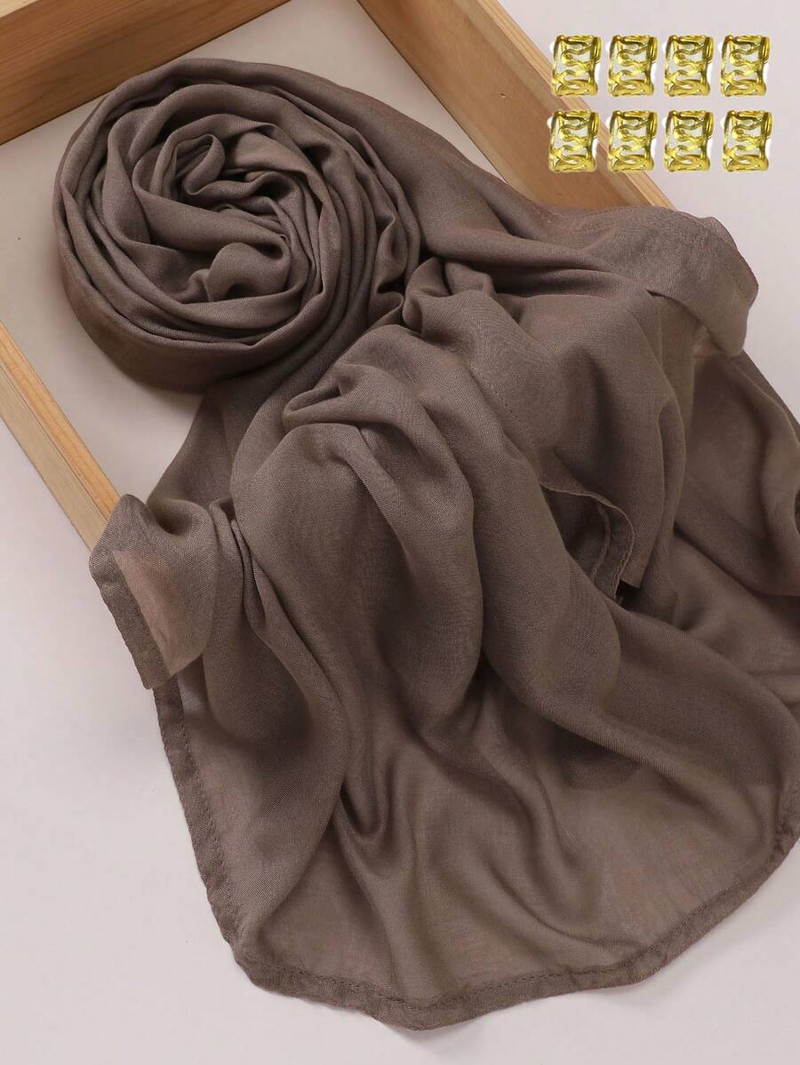 1set (1pc Modal Hijab + 1pack Hijab Clips) Plain Soft Detailed Stitched Headscarf - Multicolor - View 1