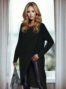 Long Sweater With Crossed Hem For Women - 黑色 - 查看 2