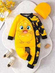Pelele de manga larga con estampado de pato y gorro para bebé niño, pelele para gatear, fácil de poner