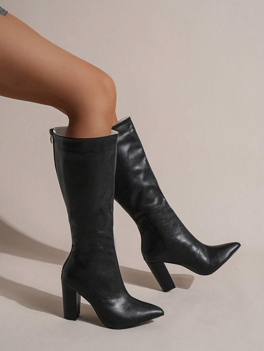 Women's Long Boots For Spring, Fall, Winter, Pointed Toe, Chunky Heel, Thigh High, Casual, Motorcycle, European And American Style - Black - View 1