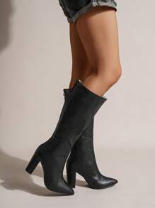 Women's Long Boots For Spring, Fall, Winter, Pointed Toe, Chunky Heel, Thigh High, Casual, Motorcycle, European And American Style - Black - View 4