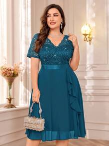 Elegant V-Neck Sequin Lace Contrast Color Chiffon Ruffle Hem Cocktail Party Dress - Dusty Blue - View 7