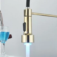 Kitchen Faucet With Pull-Down Sprayer Brushed Gold Finish LED Lighting Single-Handle 1-Hole Or 3-Hole Design Spring-Action Kitchen Sink Faucet Includes Countertop Cover Plate Suitable For Farmhouse Style/RV/Bowl Sinks - Gold - View 8
