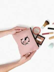 1 件粉色涤纶花朵黑色首字母印花拉链女士化妆包，字母 A-Z，储物袋，化妆品收纳袋化妆收纳袋迷你袋旅行小化妆盒配件化妆架刷袋化妆容器化妆包旅行必需品女士配件旅行用品化妆包化妆包化妆袋化妆包 - 粉色 - 查看 4