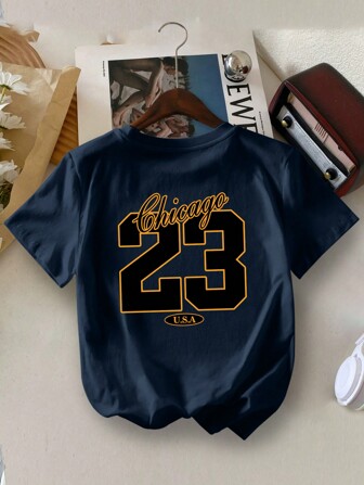 年轻男孩芝加哥 23 运动休闲印花圆领短袖 T 恤