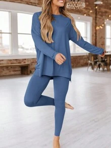 Women's Fall Two-Piece Casual Long-Sleeved Tunic Top And Leggings With Lounge Tracksuit - Blue - View 6