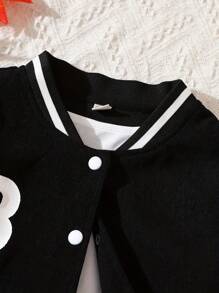 2pcs Tween Girl Letter B Print Velour Bomber Jacket & Pleated Skirt Set, Casual School Style Outfit, Spring & Autumn