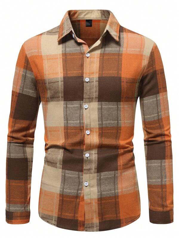 Men's Plaid Long Sleeve Casual Commuter Shirt For Spring & Autumn