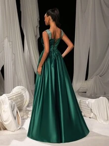 Faeriesty Rhinestone Detail Ruched Front Sweetheart Neckline Satin Formal Dress, Prom Evening Gown, For Wedding Guest, Graduation, Dinner Party Dress