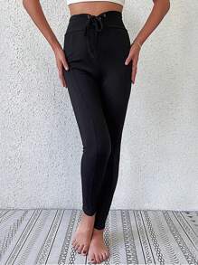 High Waist Tie Leggings - Black - View 3