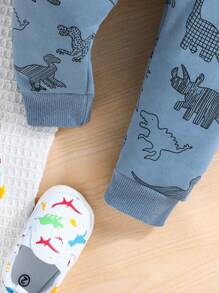 2pcs Baby Boys Casual Cool Outdoor Sports Dinosaur Print Sweatshirt And Pants Set