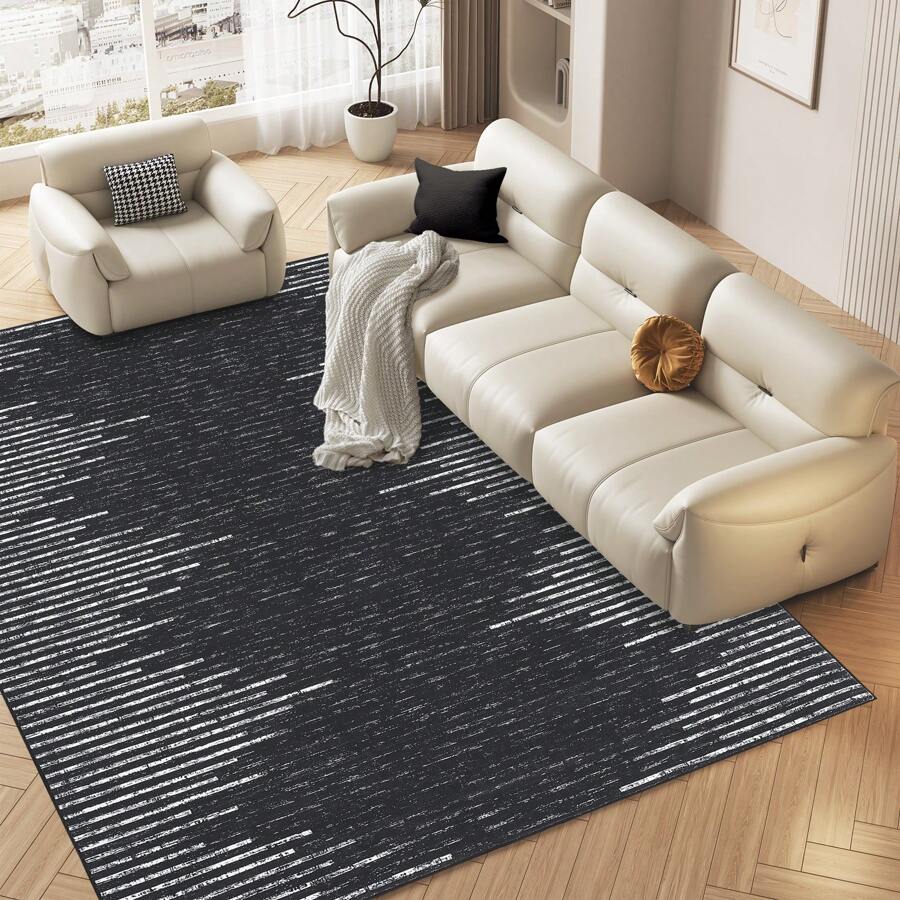 Modern Geometric Rug Washable Area Rug Striped Rug Geometric Non-Slip Rug Bohemian Style Rug Low Pile Soft Rug For Living Room Bedroom Office Farmhouse - màu đen - Xem 1