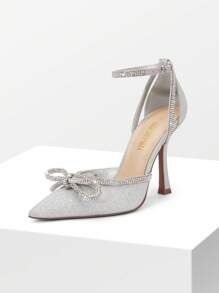 Women's Rhinestone Bow Knot Ankle Strap  Pumps  Pointed Toe Stilettos High Heels Festival Festival Party Prom Dress Shoes - 銀色 - 查看 5