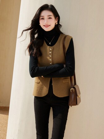 VICTORIA&VERA Autumn/Winter New Arrival Chic Minimalist Round Neck Custom Button Pocket Design Solid Color All-Match Versatile Knitted Vest