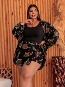 Plus Size 2-Piece Shorts And Kimono Set - Multicolor - View 1
