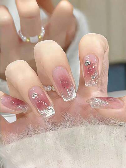 10入組貓眼腮紅光療手穿貓眼閃亮假指甲貼片，指甲美容工具