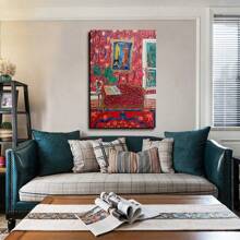 1pc Framed Modern Decorative Art Watercolor Style Print Oil Painting, Retro Oil Painting Style Red Living Room Red Wall Carpet Sofa Wall Art, Gift Artwork Wall Painting For Bathroom Bedroom Office Modern Living Room Kitchen Wall Decor Oblong Wall Art