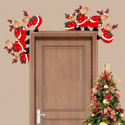 1pc Christmas Wooden Corner Door Frame Ornament, Christmas Decoration For Door Frame, Reindeer Santa Claus Door Frame Decoration, Holiday Accessory, Christmas Supplies