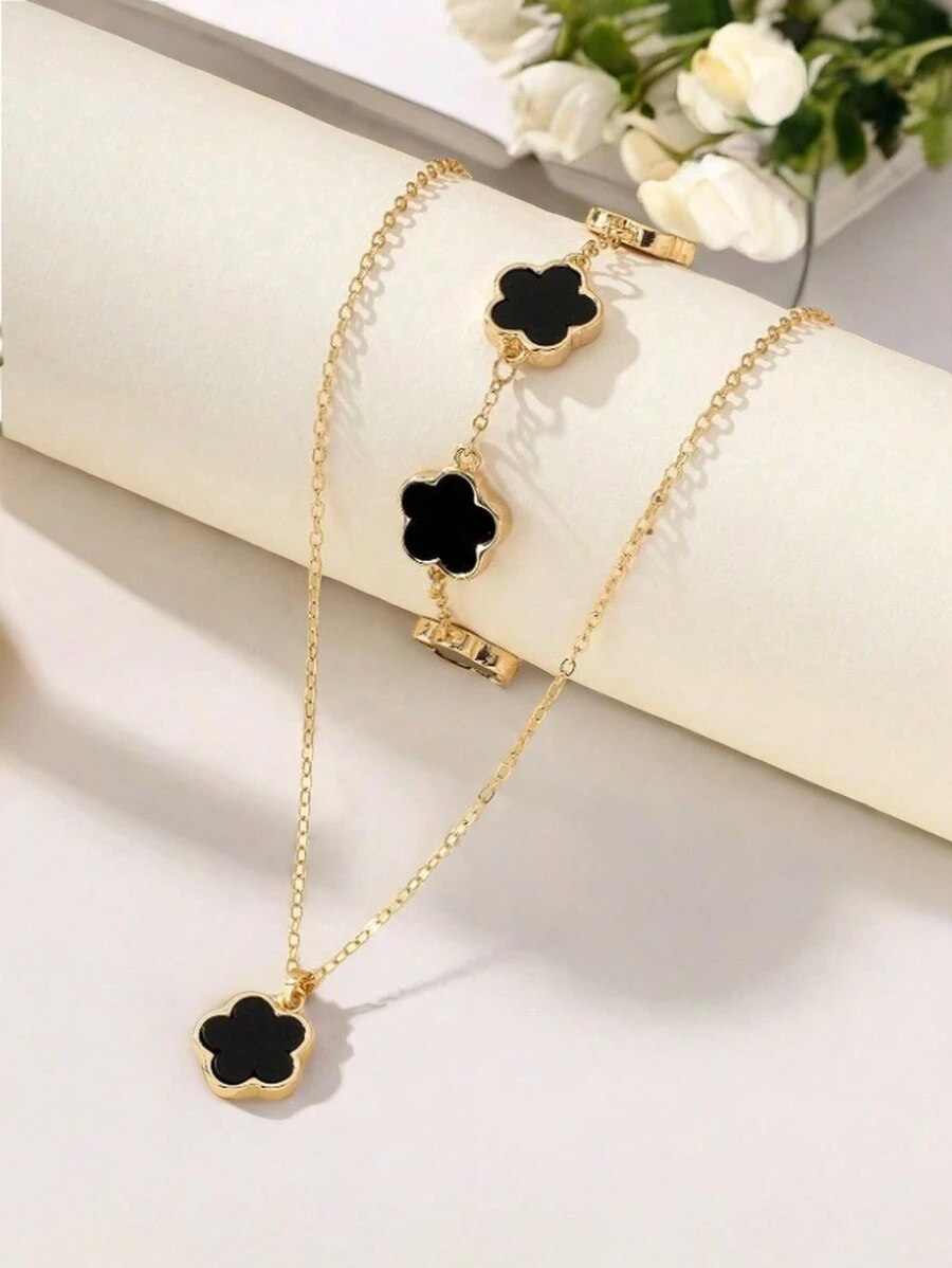 1 pièce Collier pendentif trèfle doux et élégant et 1 pièce set de bracelet - noir deux pièces - Voir 1