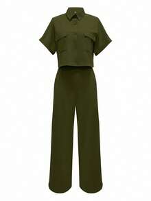 2 chiếc/Bộ áo thun polo màu trơn cài nút phía trước tay ngắn và quần dài trang phục thường ngày mùa hè - xanh quân đội - Xem 2