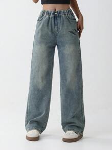 Tween Girl Elastic Waist Vintage Letter Print Wide Leg Straight Loose Washed Denim Jeans