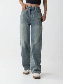 Tween Girl Elastic Waist Vintage Letter Print Wide Leg Straight Loose Washed Denim Jeans