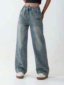 Tween Girl Elastic Waist Vintage Letter Print Wide Leg Straight Loose Washed Denim Jeans