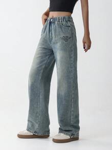 Tween Girl Elastic Waist Vintage Letter Print Wide Leg Straight Loose Washed Denim Jeans