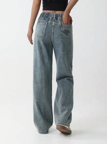 Tween Girl Elastic Waist Vintage Letter Print Wide Leg Straight Loose Washed Denim Jeans