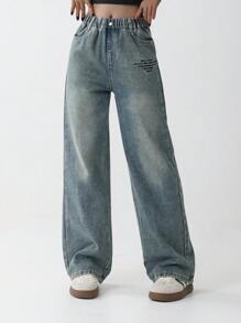 Tween Girl Elastic Waist Vintage Letter Print Wide Leg Straight Loose Washed Denim Jeans