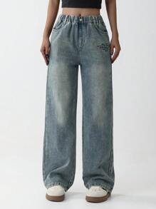 Tween Girl Elastic Waist Vintage Letter Print Wide Leg Straight Loose Washed Denim Jeans