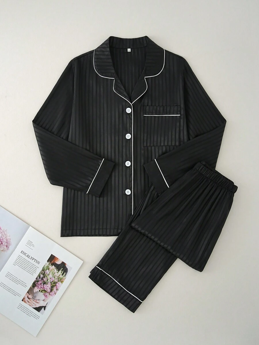 2pcs Women Casual Zebra Print Long Sleeve Top & Pants Pajama Set, Suitable For Home & Outdoor Wear - Black - View 1
