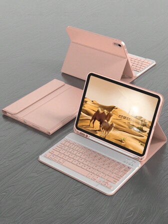 Apple Keyboard Case Compatible With IPad Protective Cover, Supports Automatic Sleep/Wake Lid Writing Tablet Case Detachable Wireless Bluetooth Keyboard Battery 150 MAh, Slim Lightweight Stand Cover With Pencil Holder - Pink