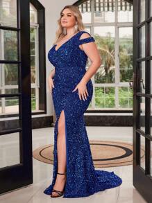 Plus Size Blauwe Pailletten Asymmetrische Hals Split Zoom Avondjurk Feestjurk Bruiloftsgastenjurk Formele Jurk Avondjurk