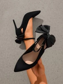 Women's Bow High Heels Stiletto Strappy Pumps Ankle Strap Pointed Toe Heel D'Orsay Comfortable Sexy Prom Party Wedding Dress Shoes - 黑色絨面革 - 查看 2