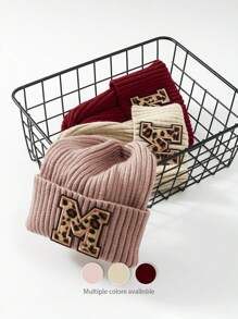 1pc Letter & Leopard Striped Casual Bohemian Acrylic Solid Embroidered Ski Beanie Hat, Knitted, Autumn/Winter, Versatile