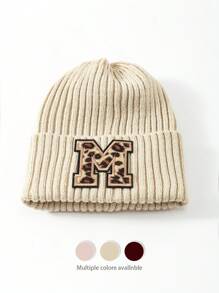 1pc Letter & Leopard Striped Casual Bohemian Acrylic Solid Embroidered Ski Beanie Hat, Knitted, Autumn/Winter, Versatile