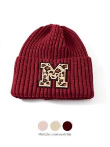 1pc Letter & Leopard Striped Casual Bohemian Acrylic Solid Embroidered Ski Beanie Hat, Knitted, Autumn/Winter, Versatile