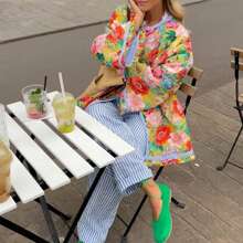 Women Floral Puffer Quilted Jacket Vintage Flower Print Button Lightweight Padded Coat Cardigan Outerwear - Multicolor - View 3