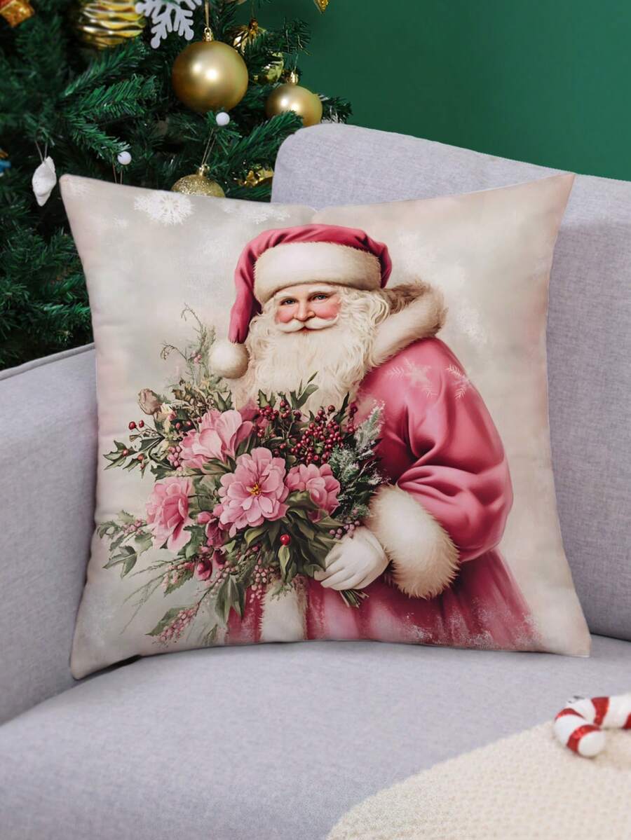 1 件圣诞老人与花卉图案抱枕套，现代毛绒面料印花靠垫套，适用于沙发客厅圣诞家居装饰（无填充物） - 彩色 - 查看 1