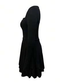 Vestido de Manga Longa Longo de Damas Elegante Ajustado, Colarinho Quadrado com Babados de Duas Camadas e Pregas, da Moda Europeia e Americana e Quente Transfronteiriça 2024 Novo