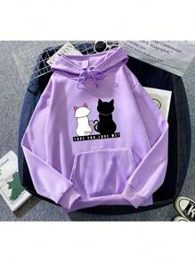 Sudadera estampado gatitos Suelta Con Capucha De Moda Para Mujer - Morado - Ver 4